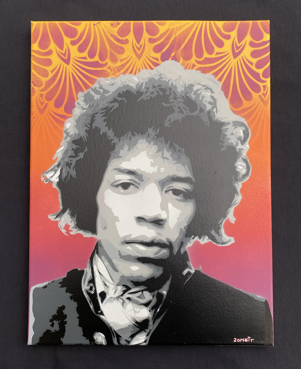 Jimi Hendrix - stencil portrait on canvas - 70s sunset — This is